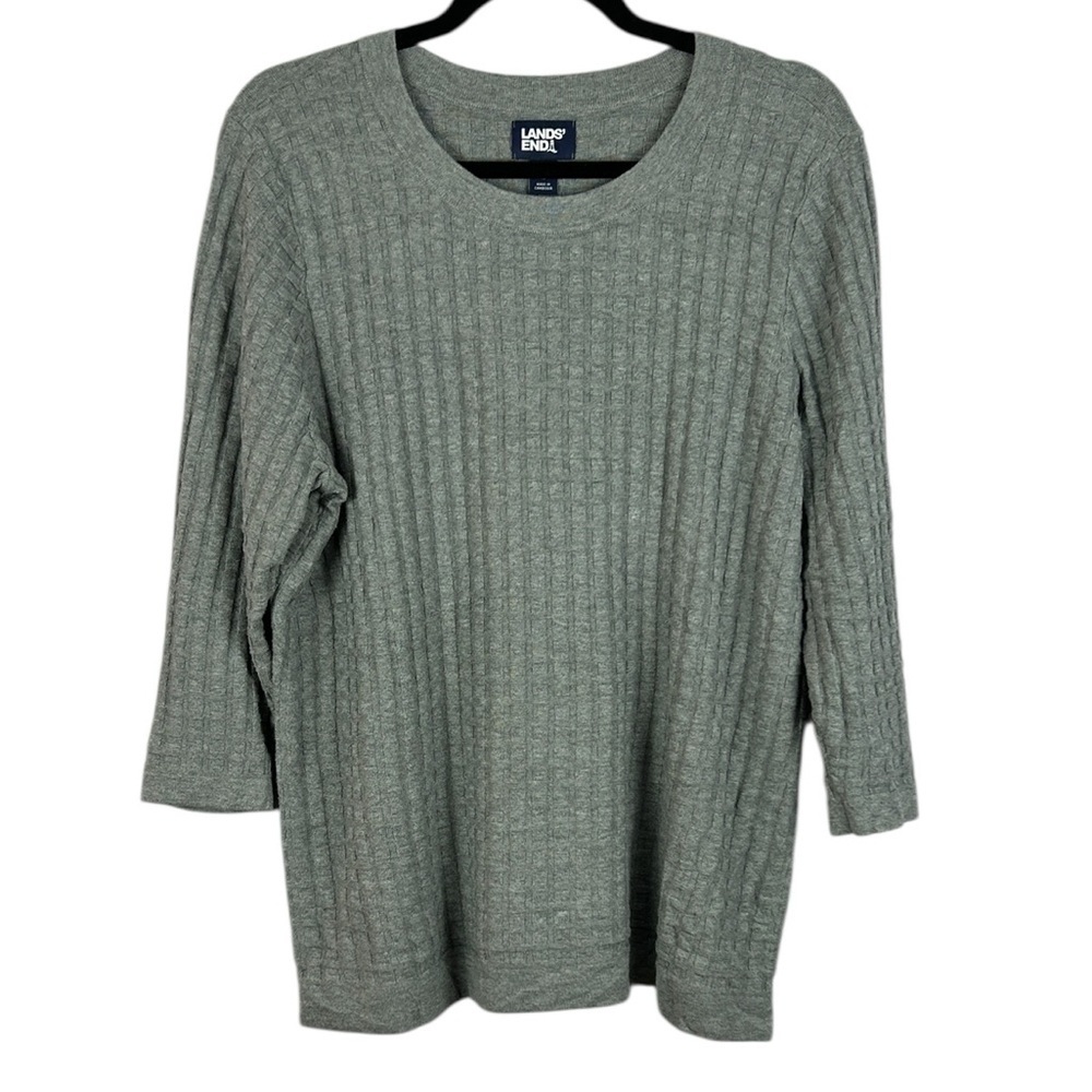 Lands' End Casual 3/4 Sleeve Crewneck Ribbed Knit Sweater XL Grey Minimalist